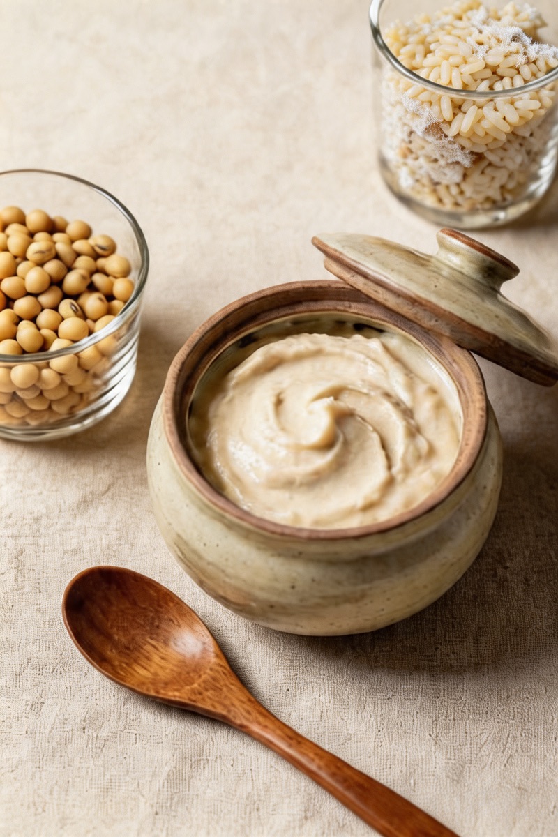 Homemade white miso paste in a ceramic pot with a glass of soybeans and a glass of rice koji covered in white mycelium, wooden spoon on a linen cloth.