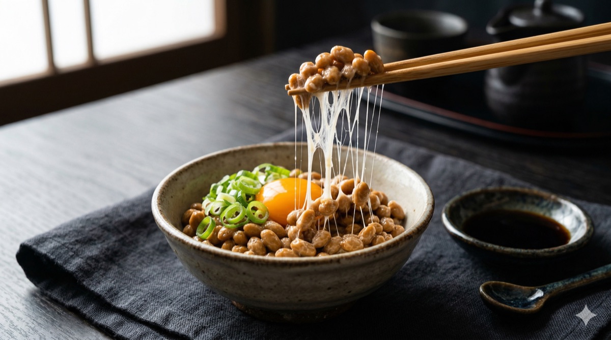 Bowl of natto with chopsticks pulling up sticky strings, raw egg yolk, sliced green onion, and soy sauce