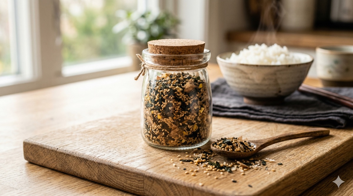 Glass jar of homemade furikake with toasted sesame, crushed nori, and bonito flakes, with a wooden spoon and bowl of white rice