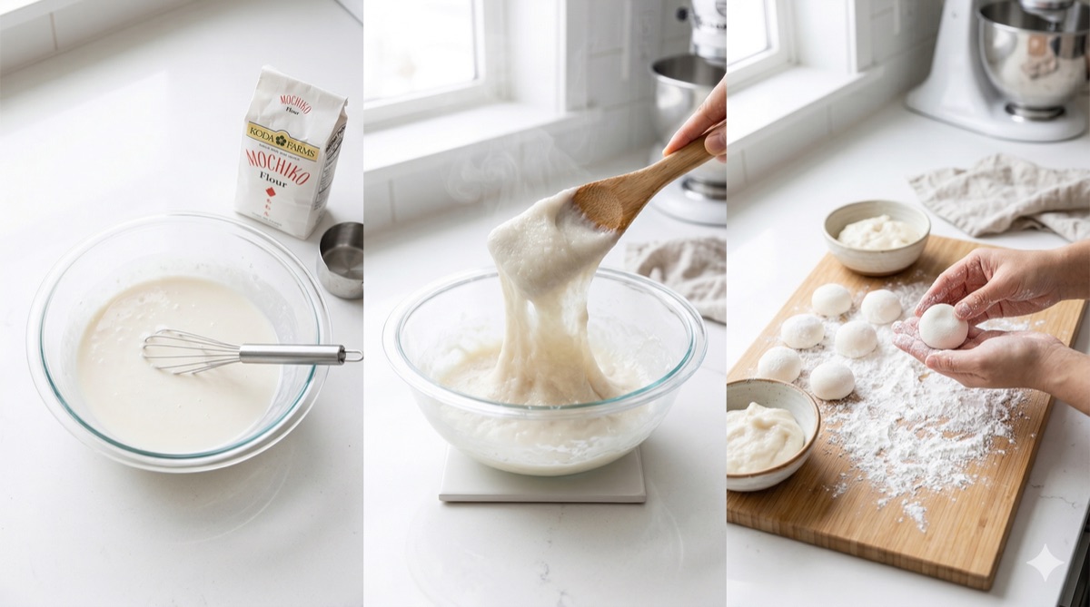Three stages of microwave mochi: mochiko batter in a glass bowl, translucent dough lifted with a wooden spatula after microwaving, and shaped mochi balls on a cornstarch-dusted cutting board